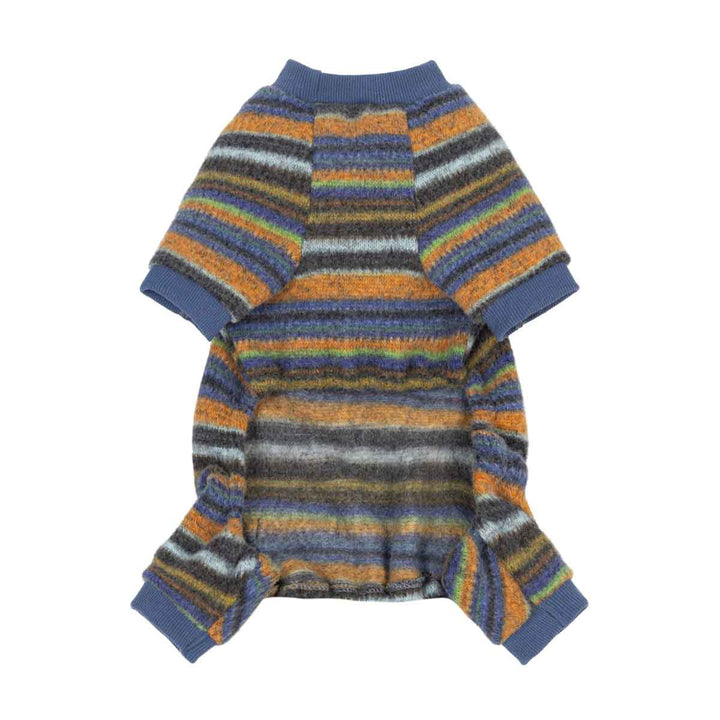 Small striped dog knitted onesie with short sleeves and long legs, featuring horizontal bands of blue, orange, brown, gray, and white, shown against a plain white background