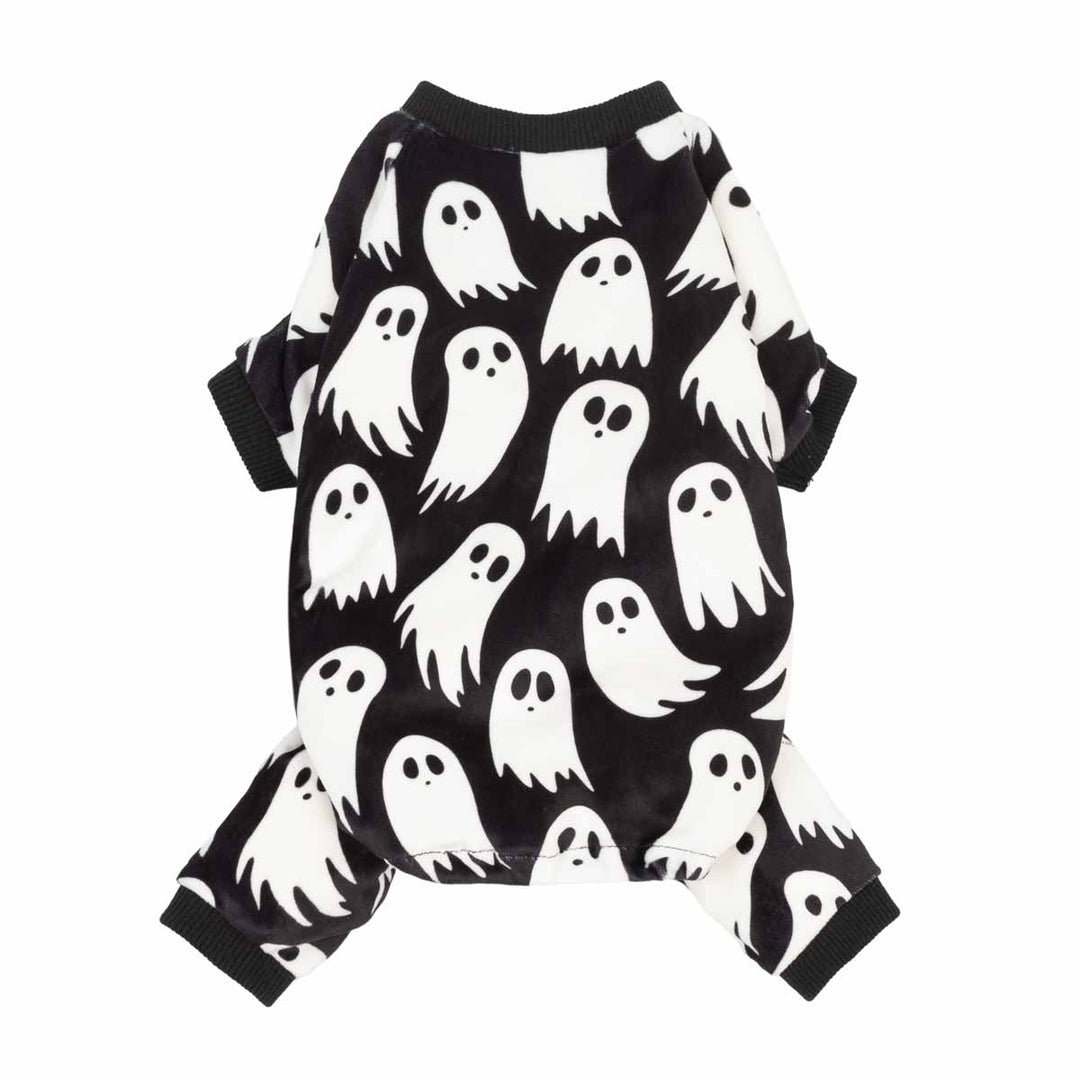 Black and white Halloween ghost dog pajamas, soft polyester blend, with four-leg design and ribbed cuffs for cozy pet wear.