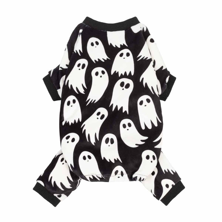 Black and white Halloween ghost dog pajamas, soft polyester blend, with four-leg design and ribbed cuffs for cozy pet wear.