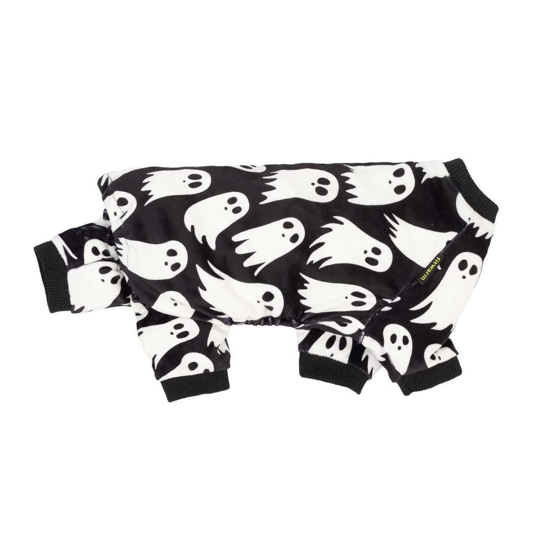Cozy black dog pajamas with white ghost patterns, featuring a four-leg design and snug ribbed cuffs for Halloween.