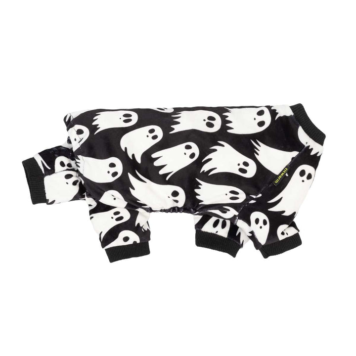 Cozy black dog pajamas with white ghost patterns, featuring a four-leg design and snug ribbed cuffs for Halloween.