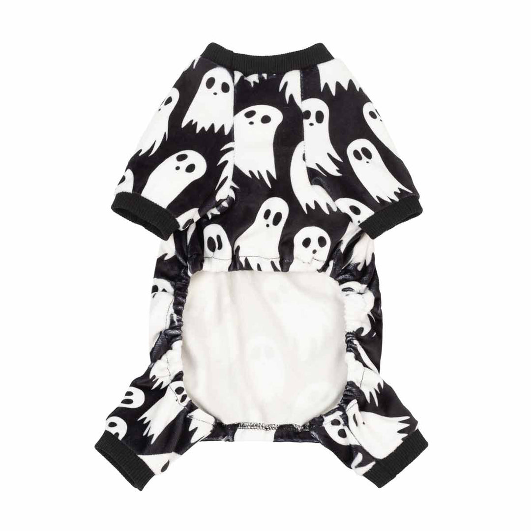 Cozy ghost print Halloween dog pajamas in soft polyester, four-leg design with ribbed cuffs..