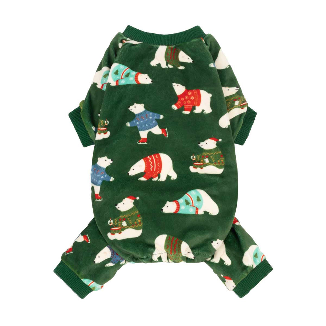 Front view of green dog pajamas featuring cute polar bears in colorful sweaters.