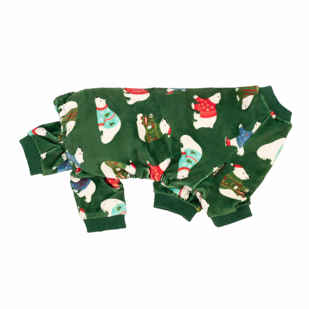 Green dog pajamas with playful polar bears ice skating and wearing sweaters. Ribbed cuffs and hem.