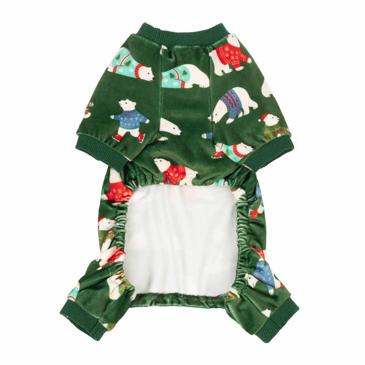 Green dog pajamas with a polar bear print, featuring festive winter sweaters and hats.