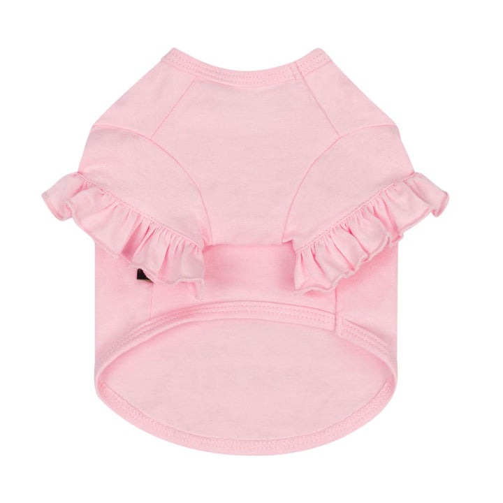 Light pink Christmas dog t-shirt with ruffled sleeves, shown flat against a solid white background