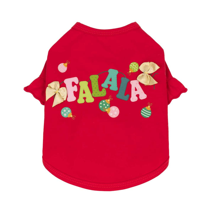 Bright red dog t-shirt with ruffled sleeves, featuring the word 'FALALA' in colorful letters and Christmas ornaments on the front, displayed against a solid white background