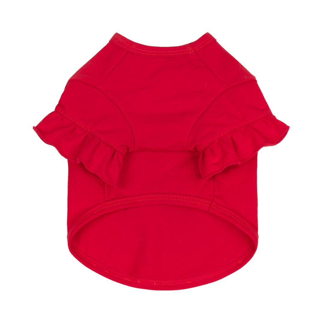 Bright red Christmas shirt for dogs with ruffled short sleeves, shown flat against a solid white background