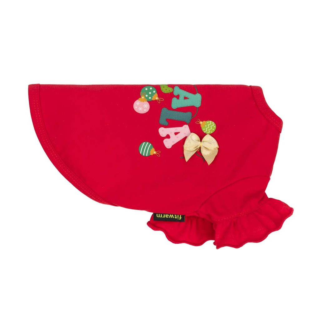 Bright red dog shirts with a ruffled hem, featuring personalized embroidered lettering 'Falala' in pastel colors, small holiday ornaments, and a gold bow