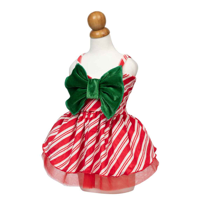 Festive dog tutu dress displayed on a white dress form with a wooden mannequin head, featuring a red and white candy cane striped pattern, a large green velvet bow at the center, and a red tulle hem