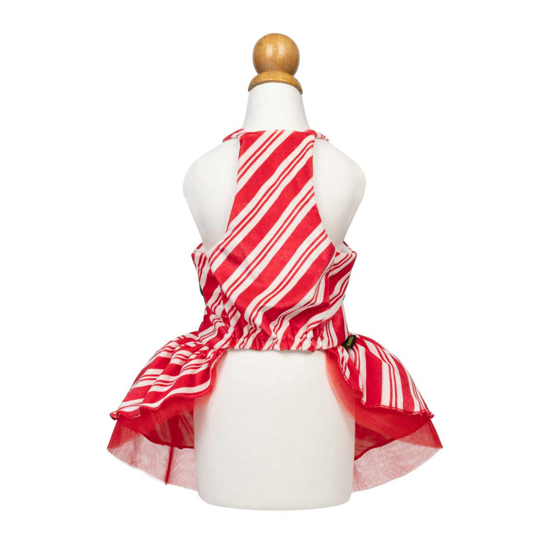 Red and white striped dog Christmas dress displayed on a white mannequin torso against a plain white background