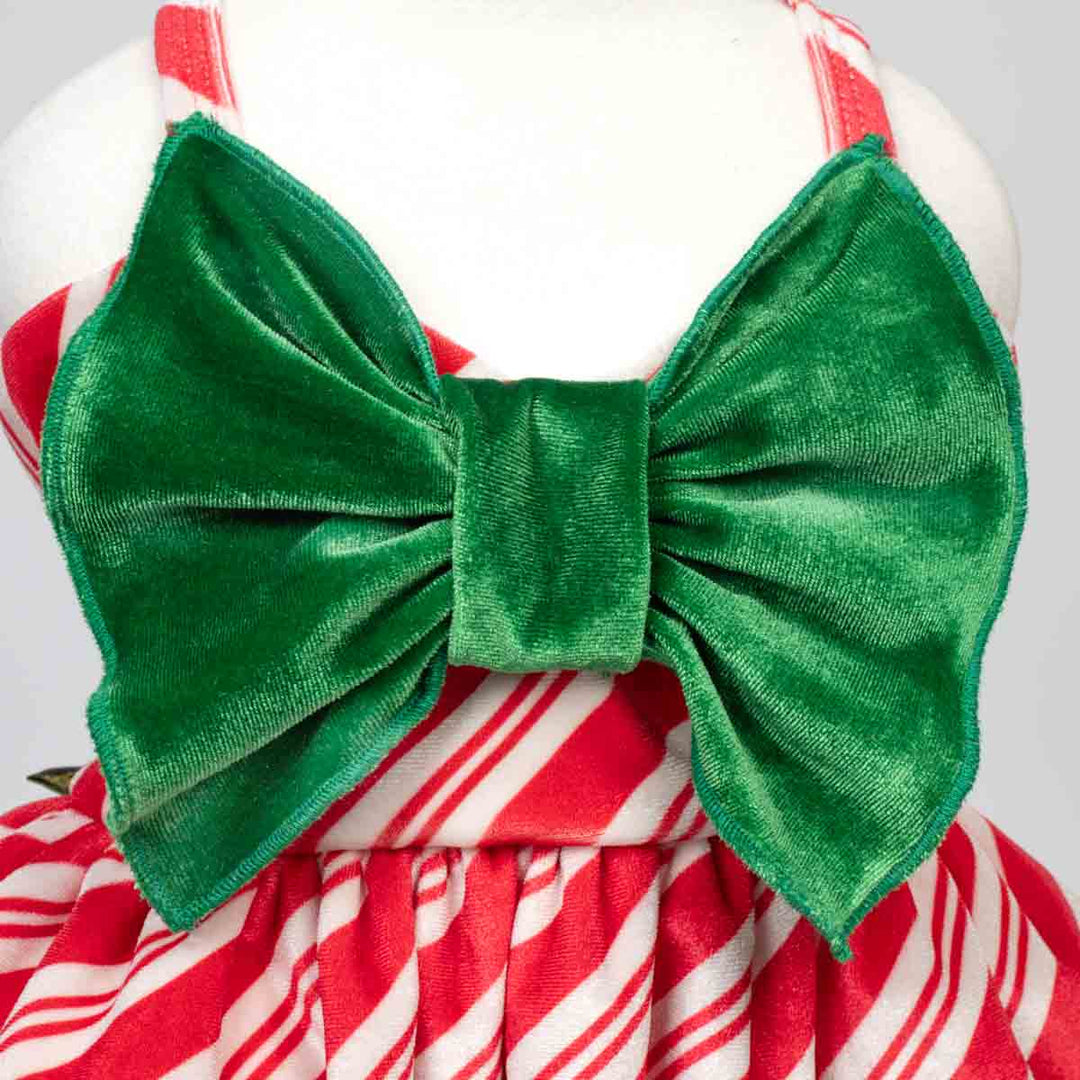 Close-up of a red and white striped Christmas dress for dogs on a white mannequin torso, featuring a large green velvet bow at the back