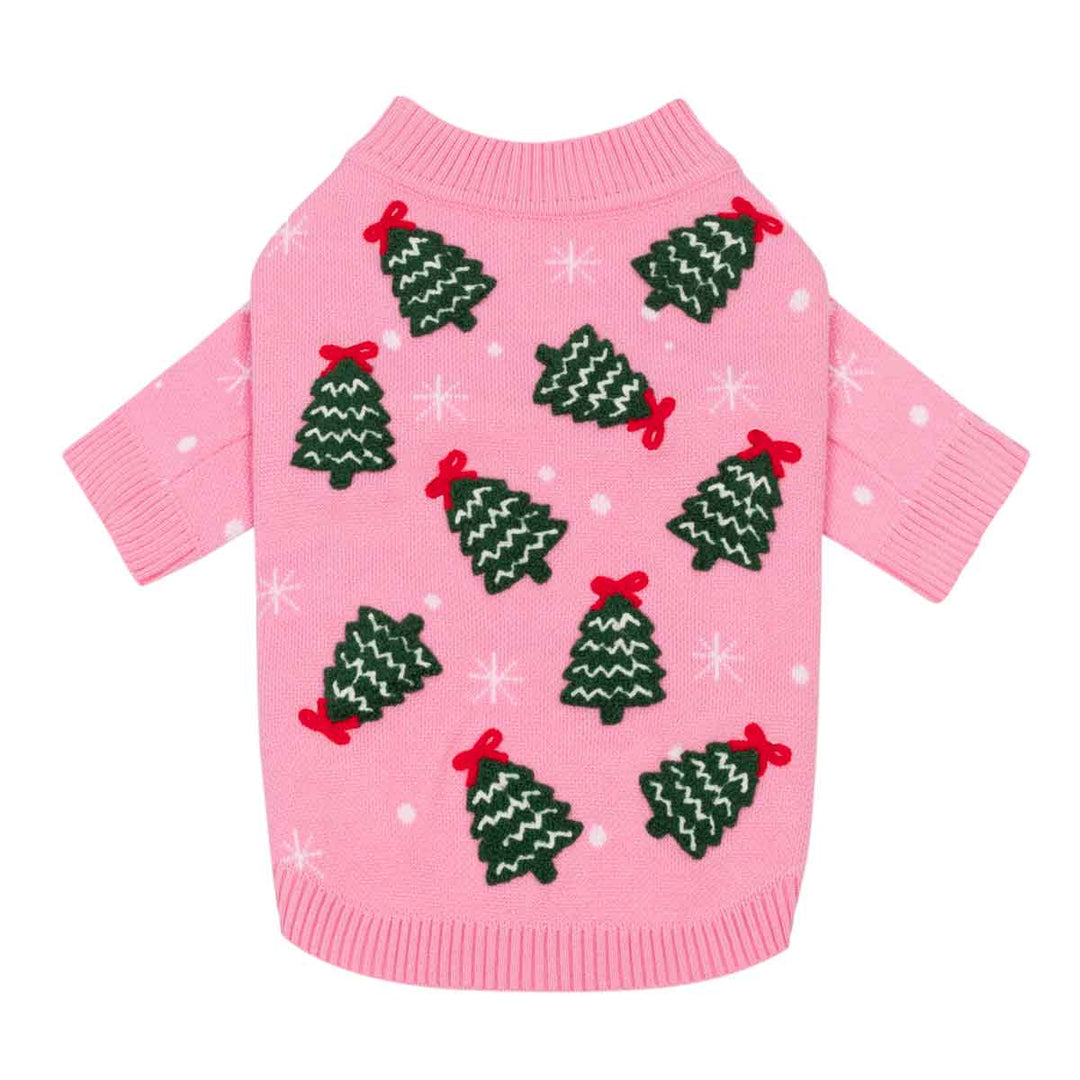 Pink dog knit sweater with Bow Christmas tree and snowflake prints