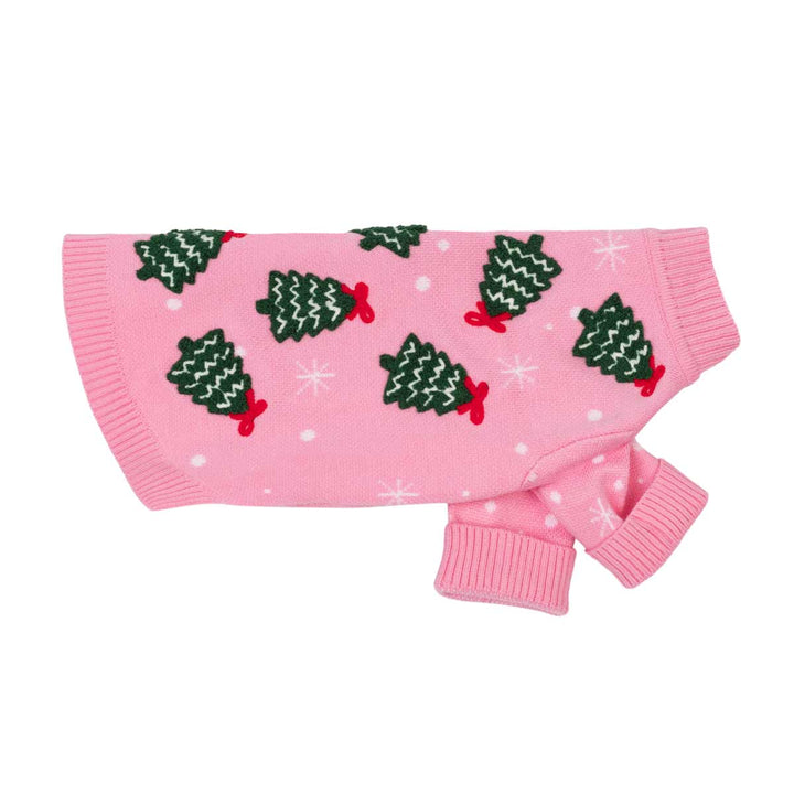Pink dog Christmas sweater with a pattern of green Christmas trees and white snowflakes, featuring ribbed cuffs