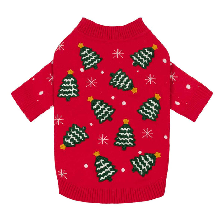 Red knitted sweater for dogs with star Christmas tree and white snowflake details