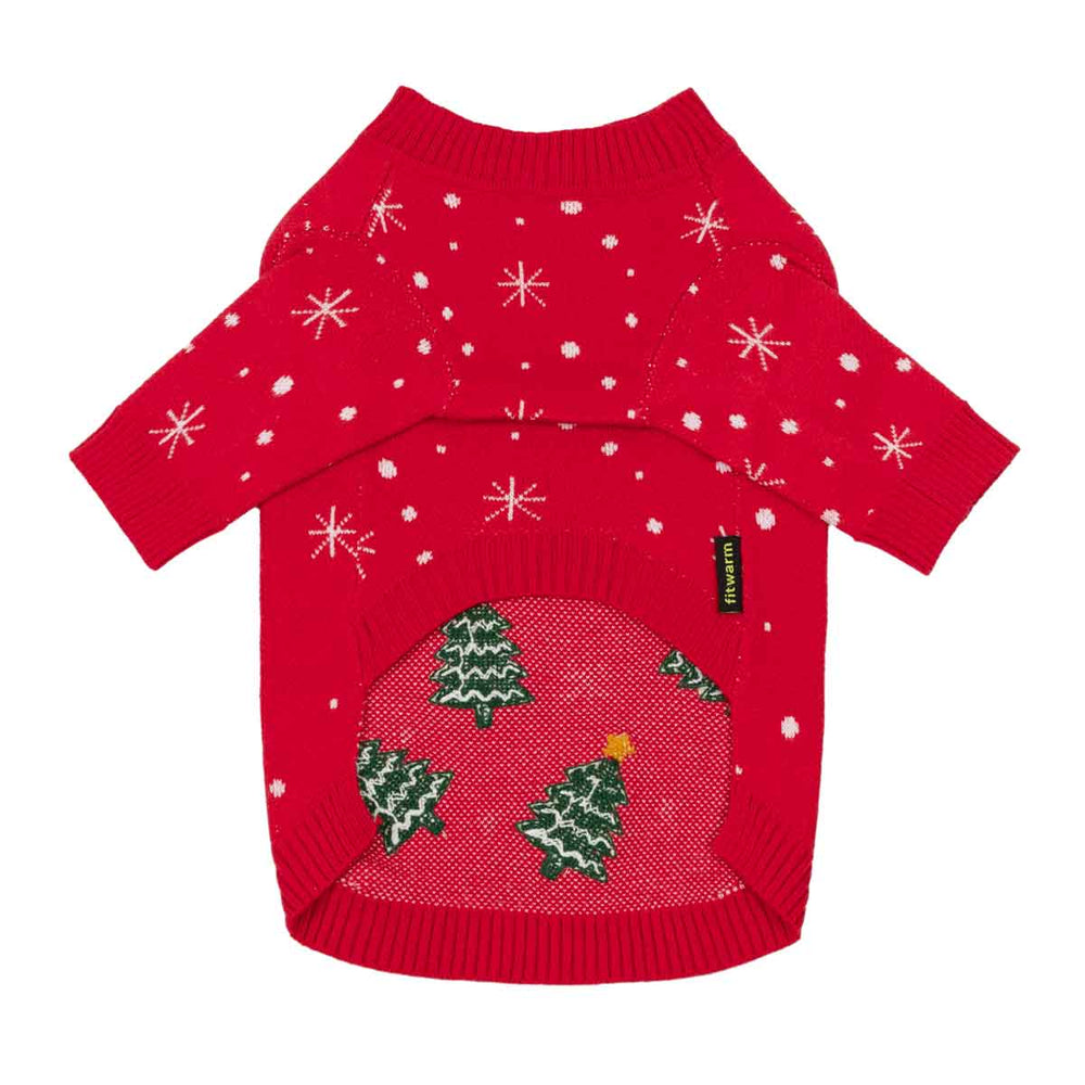 Cozy dog winter sweater with Christmas and snowflake prints on a white background