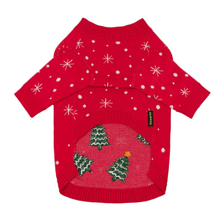 Cozy dog winter sweater with Christmas and snowflake prints on a white background