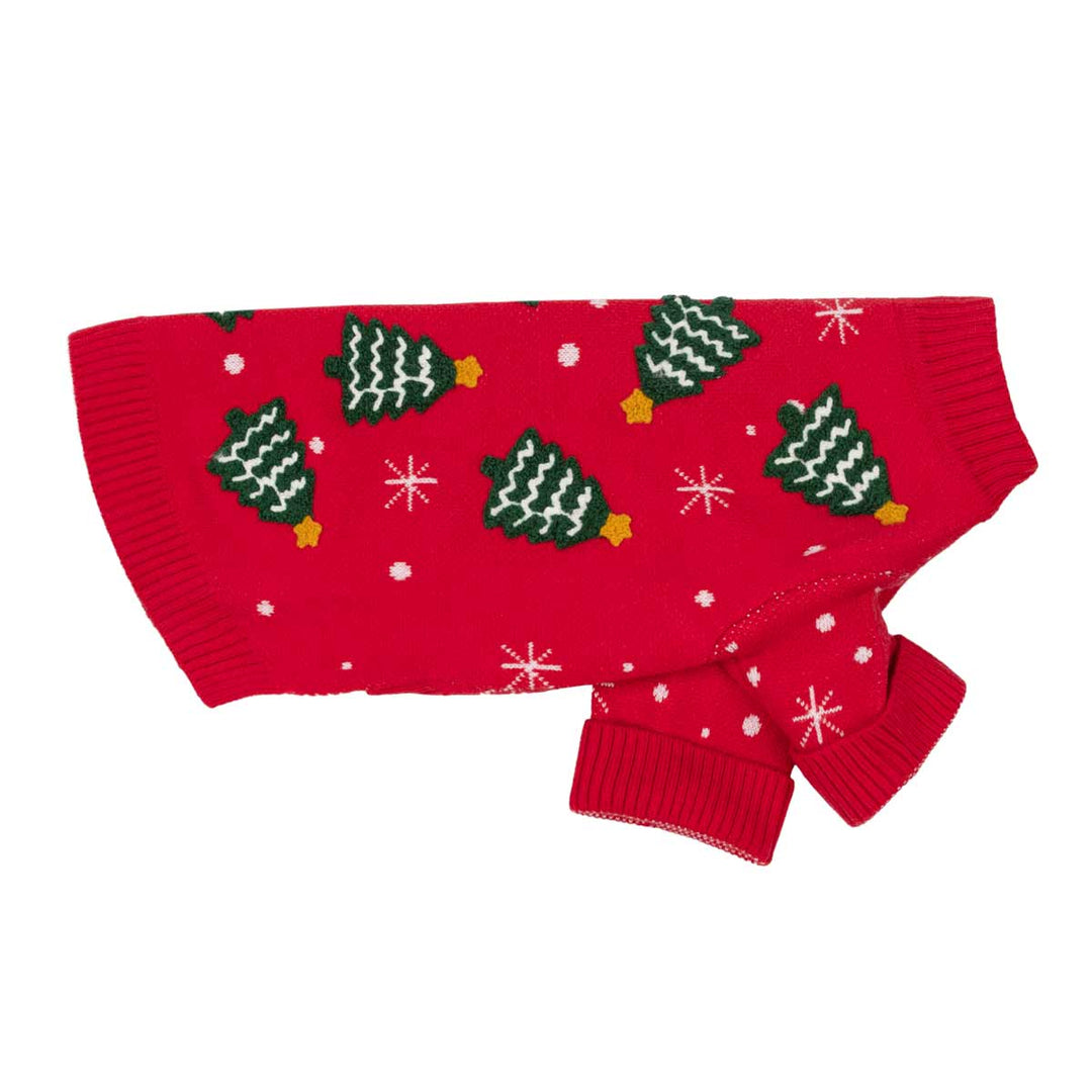Side view of Christmas sweater for dogs with ribbed neck and hem