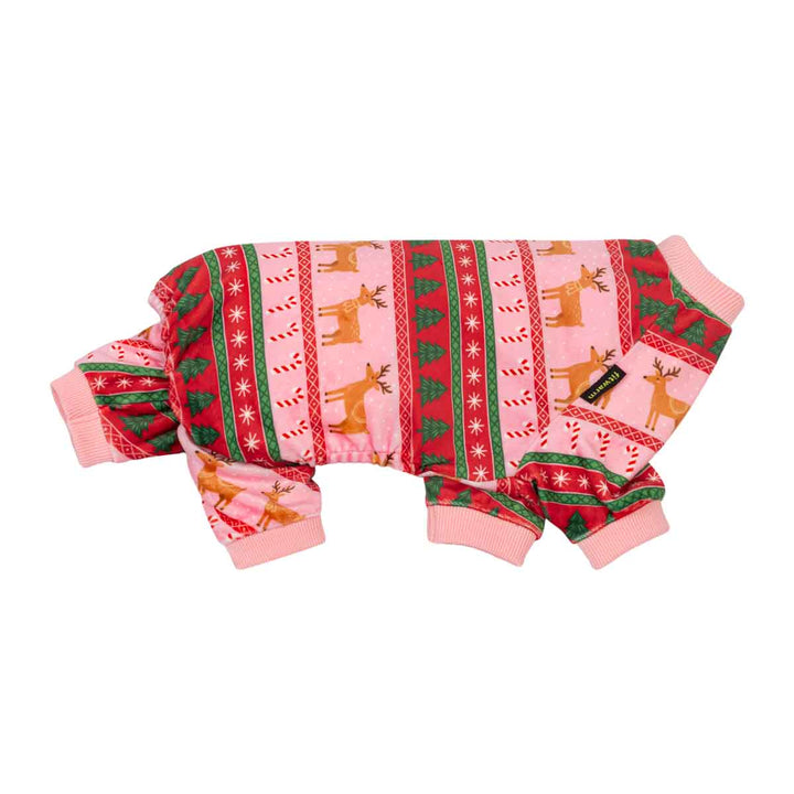 Side view of dog onesie with a festive Christmas holiday print featuring reindeer, candy canes, snowflakes, and green and red borders, shown on a plain white background