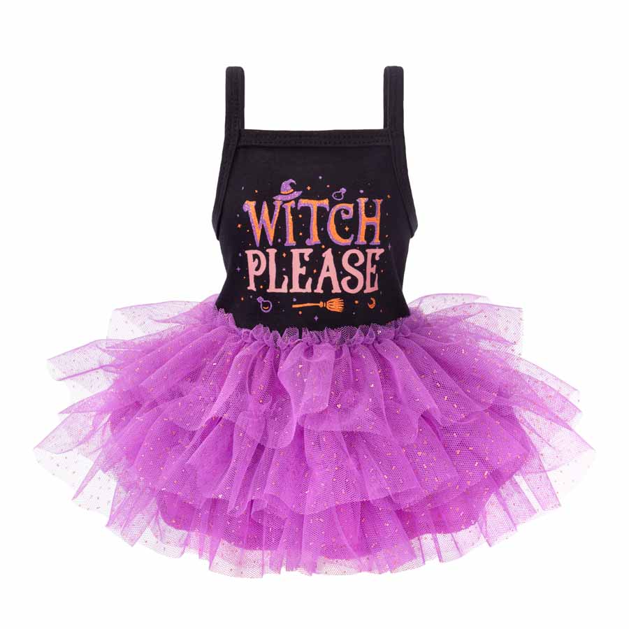 Witch Please dog tutu dress with sparkling purple tulle skirt and Halloween graphic.