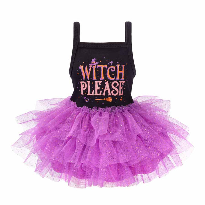 Witch Please dog tutu dress with sparkling purple tulle skirt and Halloween graphic.