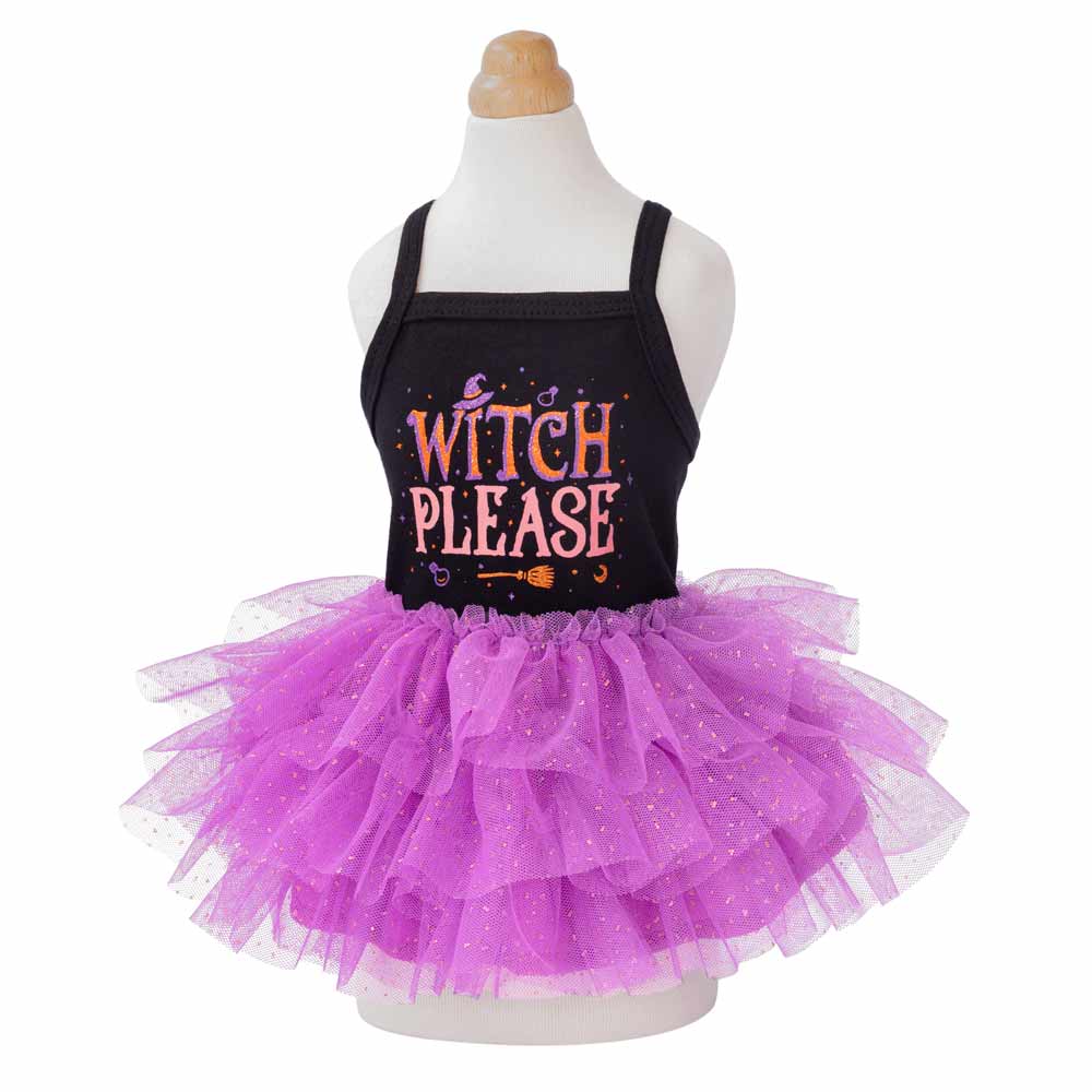 Black dog tutu dress with "WITCH PLEASE" text and sparkling purple tulle skirt, ideal for Halloween pet costumes.