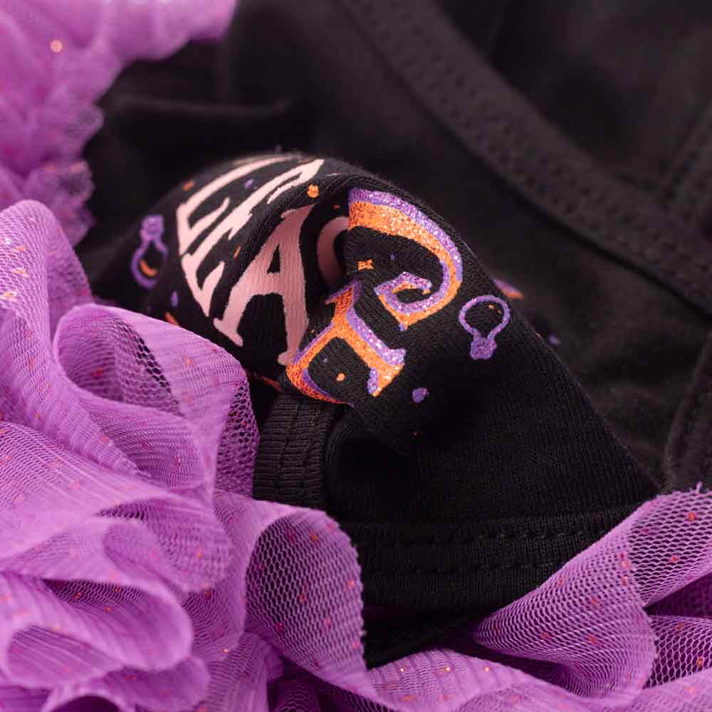 Black dog tutu dress with "WITCH PLEASE" sparkle graphic & layered purple tulle skirt.