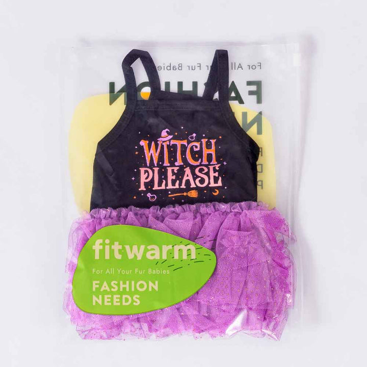 Black Witch Please dog dress with purple sparkly tulle skirt, packaged for Halloween pet costumes.