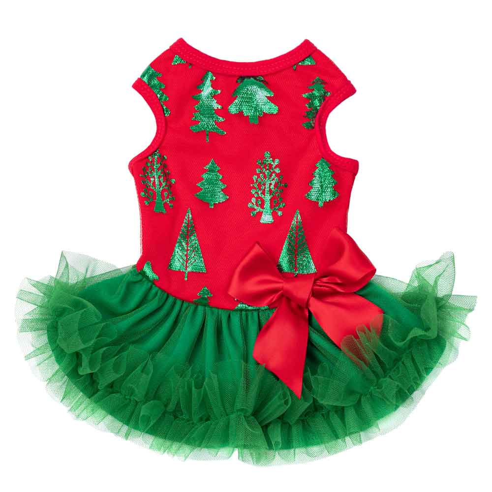 Red Christmas dog tutu dress with green tree print, layered green tulle skirt and red satin bow for holiday photos.