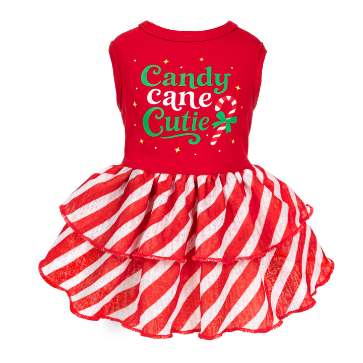 Front view of red Christmas Dog dress with candy cane print and striped layered skirt