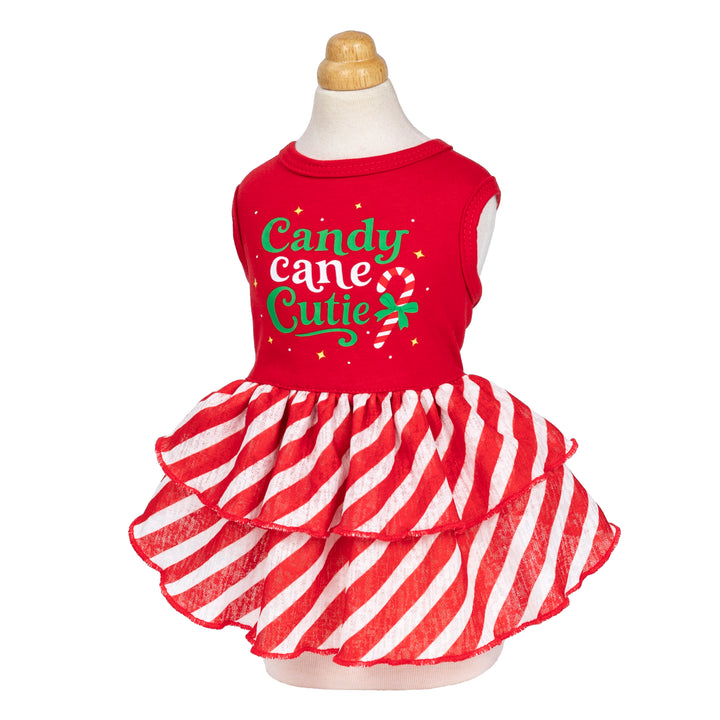 Red Christmas Dog dress on model with candy cane striped ruffle skirt