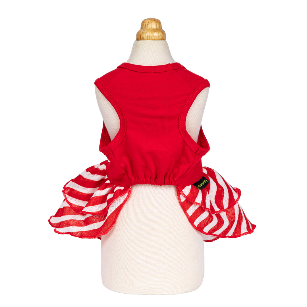 Back view of red Dog dress with elastic waist and candy cane striped skirt