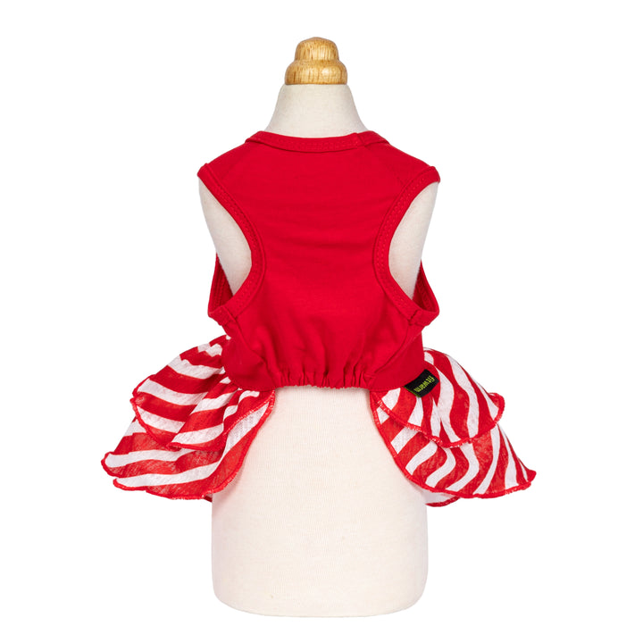 Back view of red Dog dress with elastic waist and candy cane striped skirt