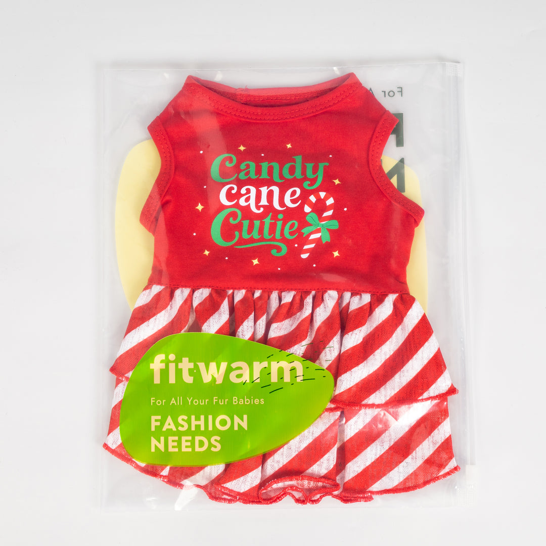 Red Dog dress in packaging with candy cane striped skirt and festive lettering