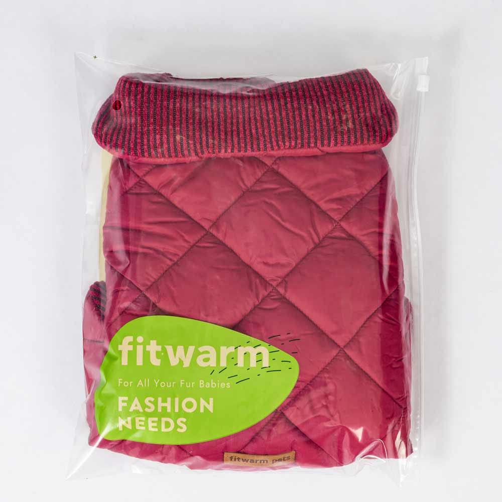 Berry red quilted dog coat with diamond stitching and striped knit collar, packaged in clear plastic with fitwarm logo.