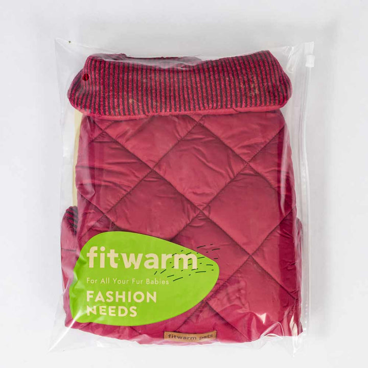 Berry red quilted dog coat with diamond stitching and striped knit collar, packaged in clear plastic with fitwarm logo.