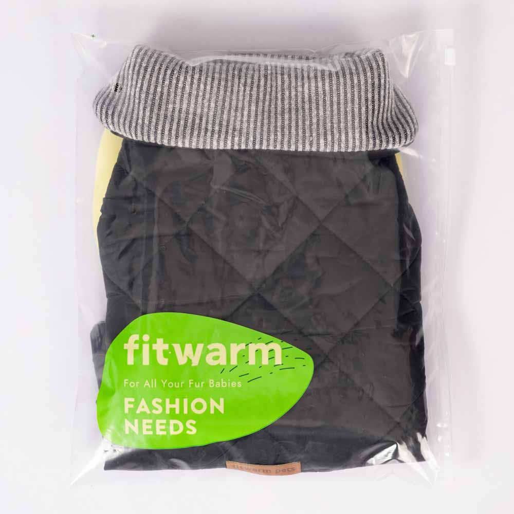 Packaged dog coat with quilted black fabric and striped collar, folded in transparent bag.