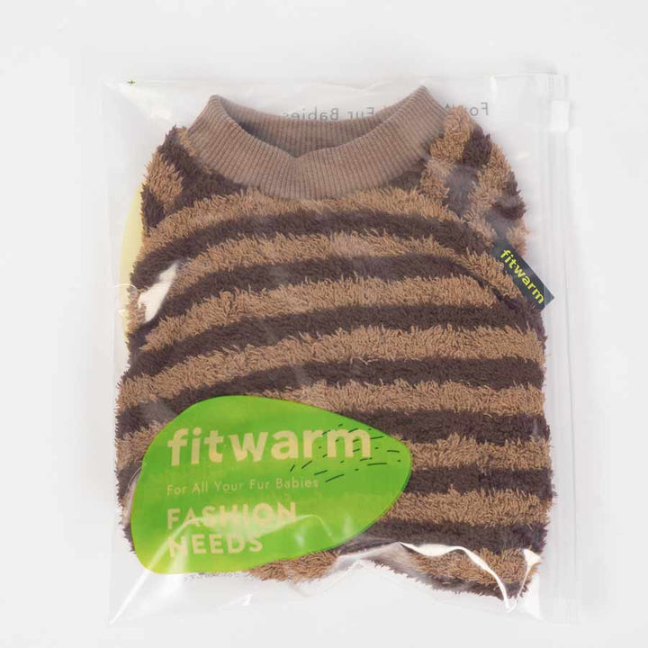 Brown striped dog onesie with 'fitwarm' label on a white background