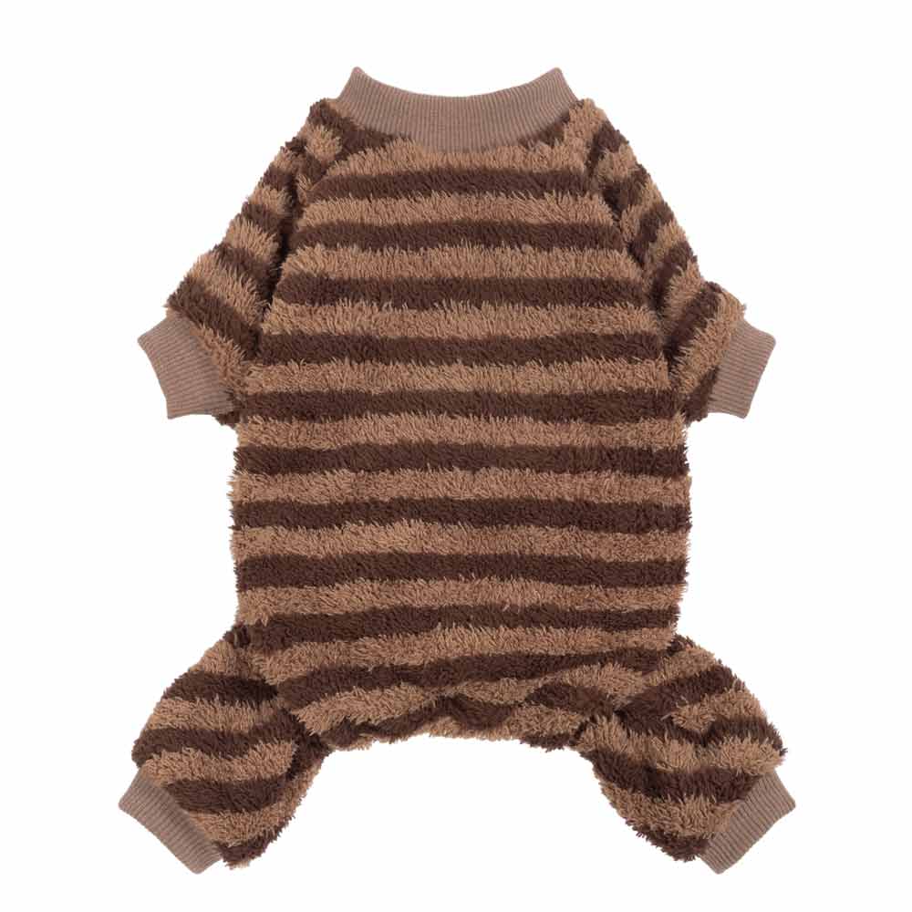 Brown and beige striped dog pjs on a white background