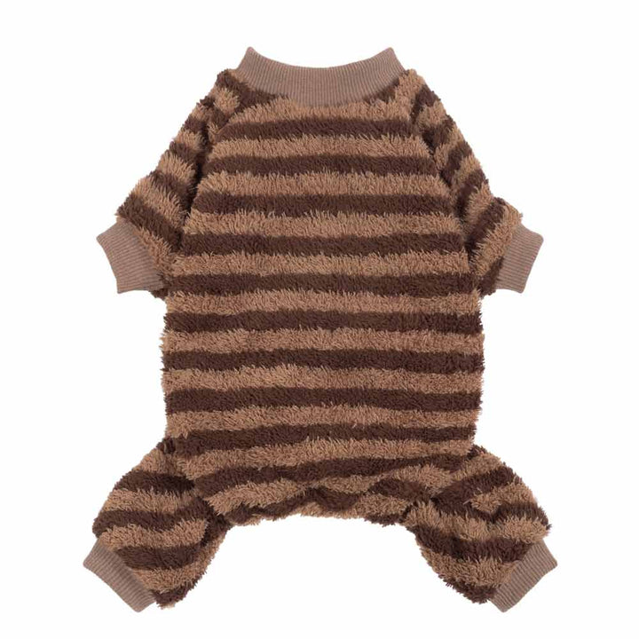 Brown and beige striped dog pjs on a white background
