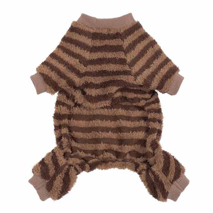 Brown and beige striped dog onesie on a white background