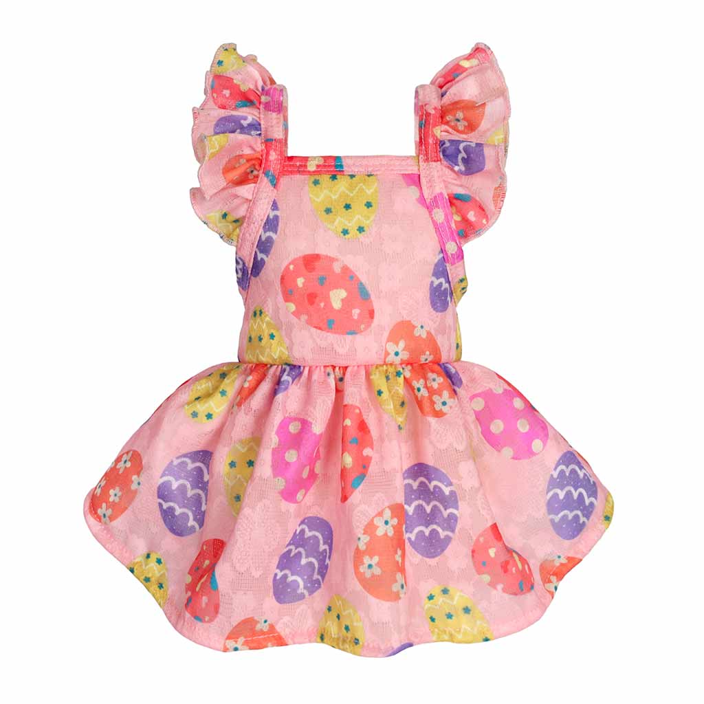 Pink Dog Easter Dress with Colorful Egg Print and Ruffle Sleeves - Fitwarm Dog Clothes