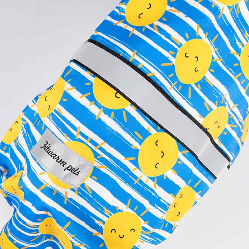 Blue Dog Raincoat with Smiling Sun Patterns and Reflective Strip - Fitwarm Dog Clothes