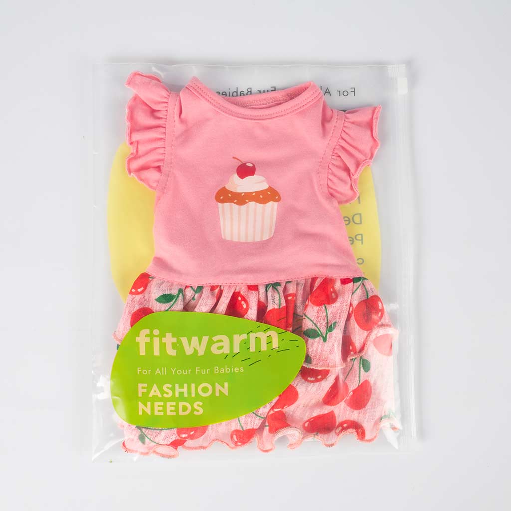 Pink Ruffled Dog Dress with Cherry Patterns and Cupcake Detail - Fitwarm Dog Clothes