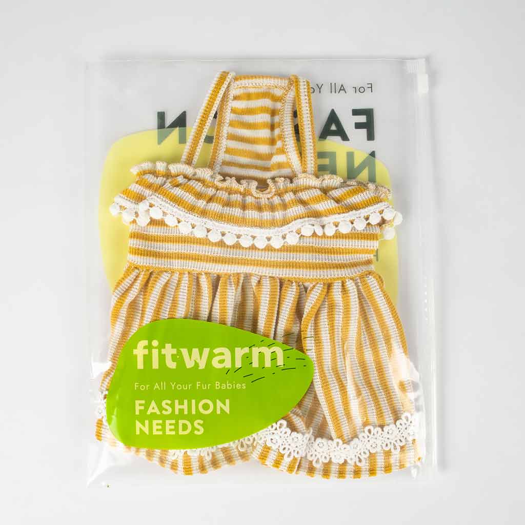 Yellow Striped Dress for Dogs with Delicate Lace Details and Pretty Ruffles - Fitwarm Dog Clothes