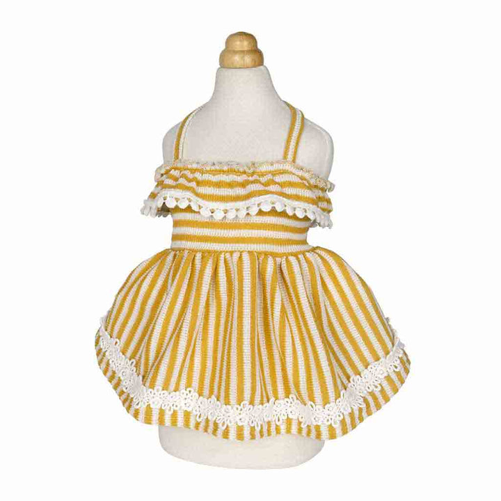 Charming Yellow Striped Dog Dress with Lace Trim - Fitwarm Dog Clothes