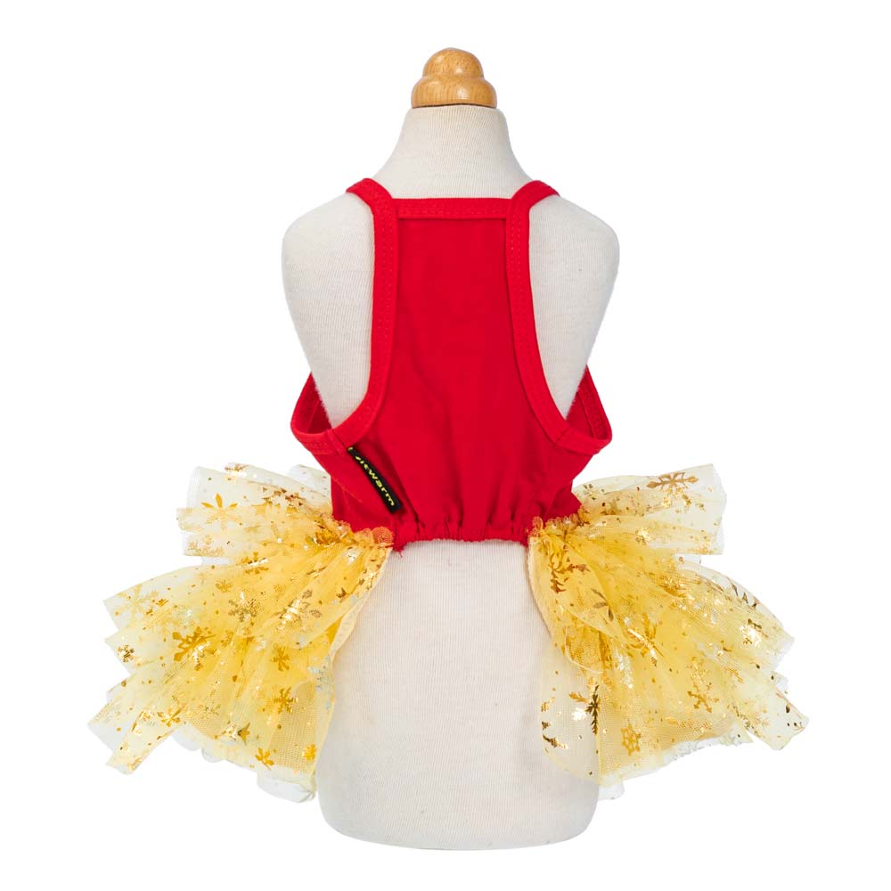 Red and gold tutu dog dress with sparkling layered skirt and sleeveless back design.