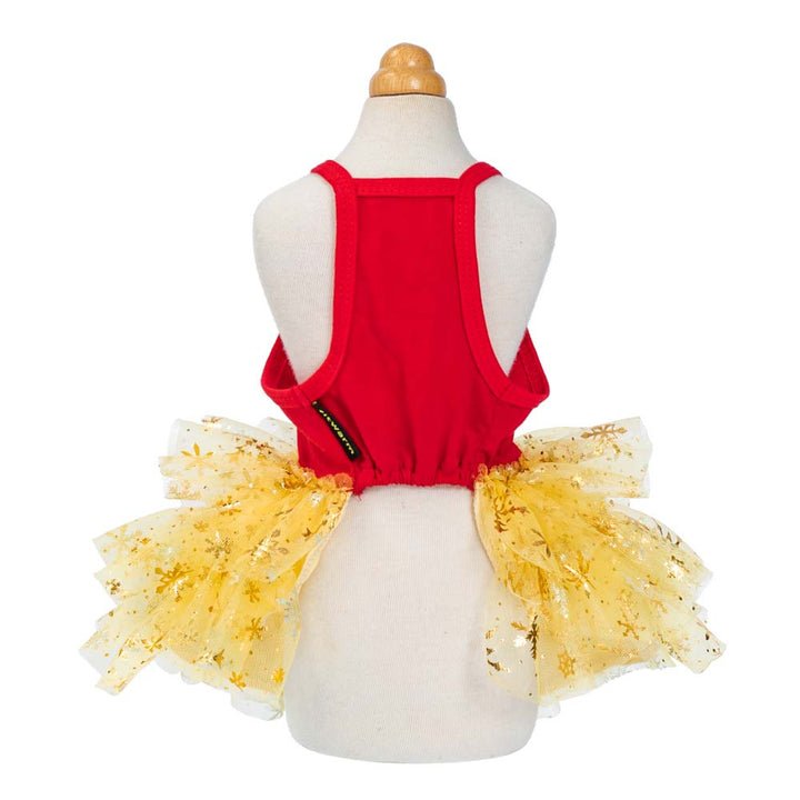 Red and gold tutu dog dress with sparkling layered skirt and sleeveless back design.
