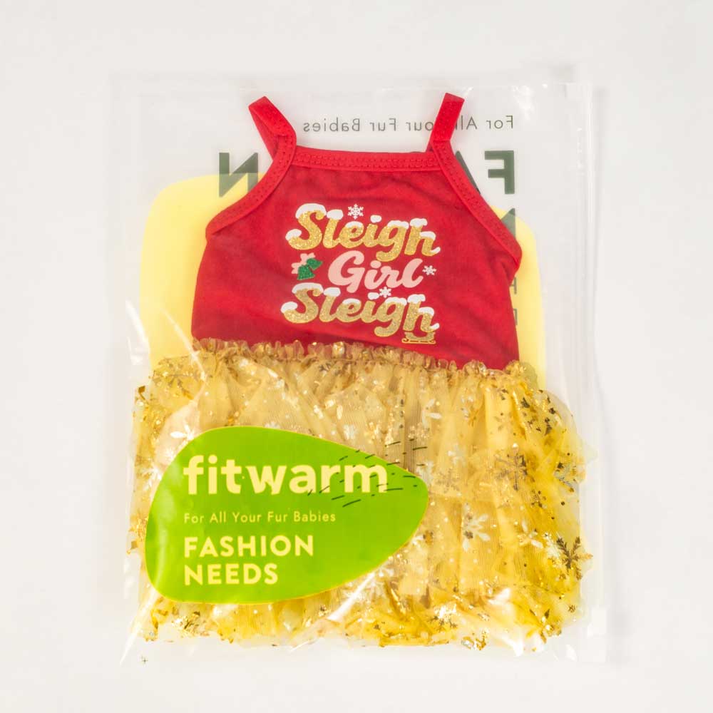 Packaged dog dress with red top and yellow skirt, featuring 'Sleigh Girl Sleigh' lettering, on a white background.