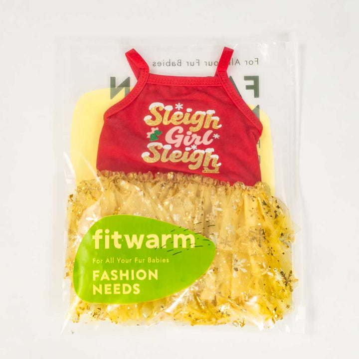 Packaged dog dress with red top and yellow skirt, featuring 'Sleigh Girl Sleigh' lettering, on a white background.